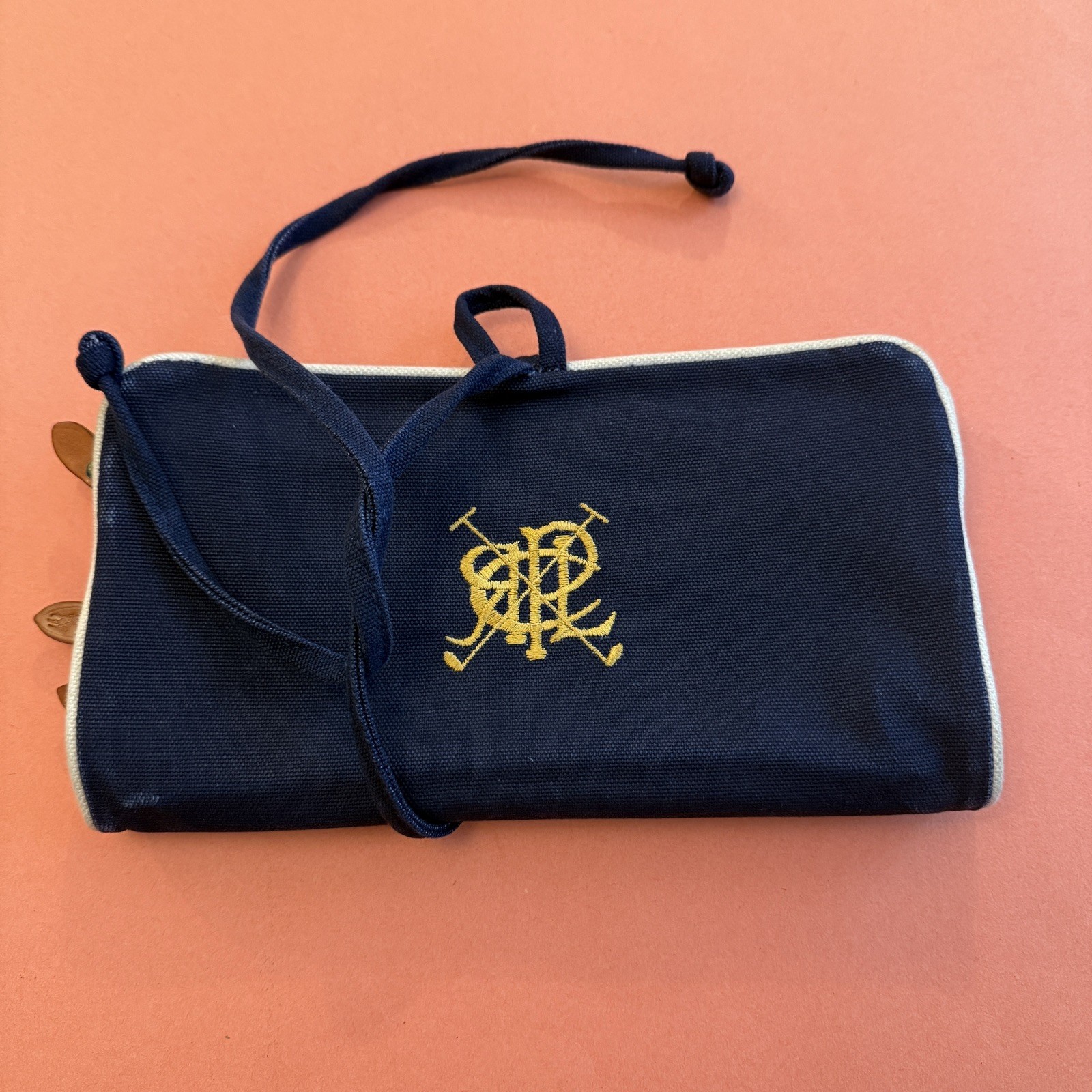 POLO RALPH LAUREN Travel hanging Toiletry bag, Navy Canvas Gold Embroid Logo