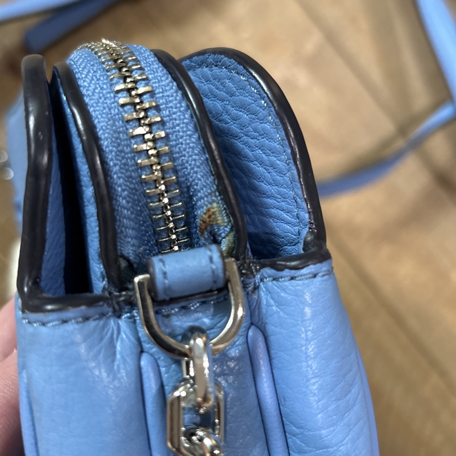 Tory Burch Light Blue Pebbled Leather Crossbody Tassel Logo