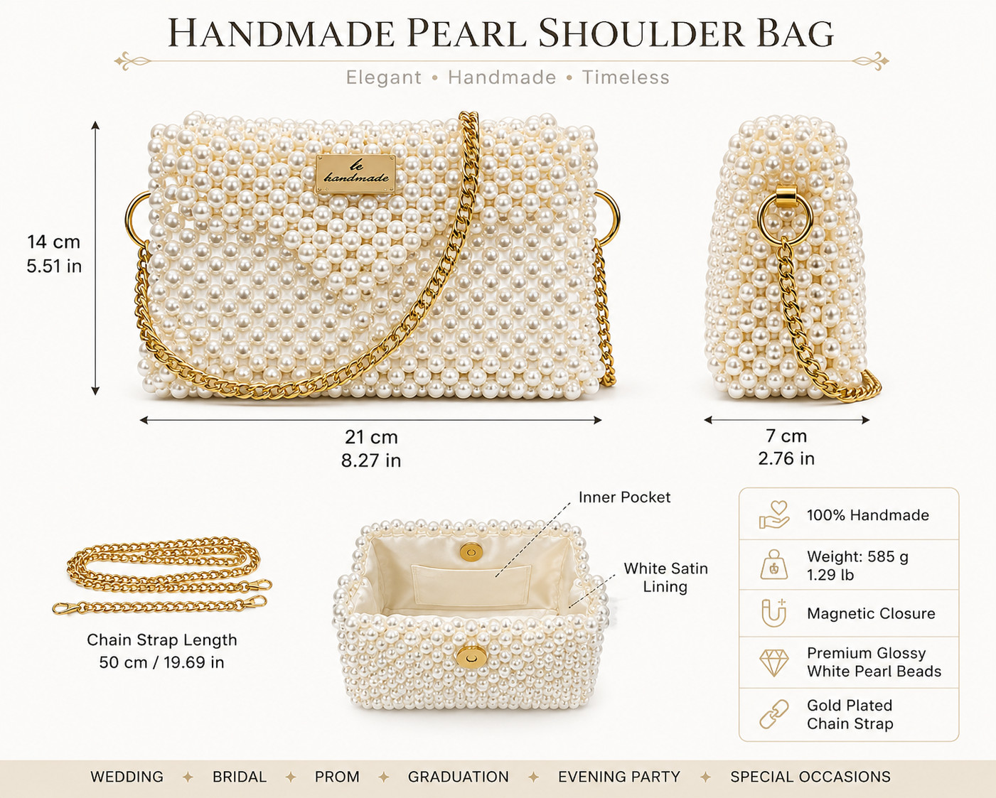 Luxury White Mother of Pearl Crystal Beaded Shoulder Bag – Handmade Evening Purs