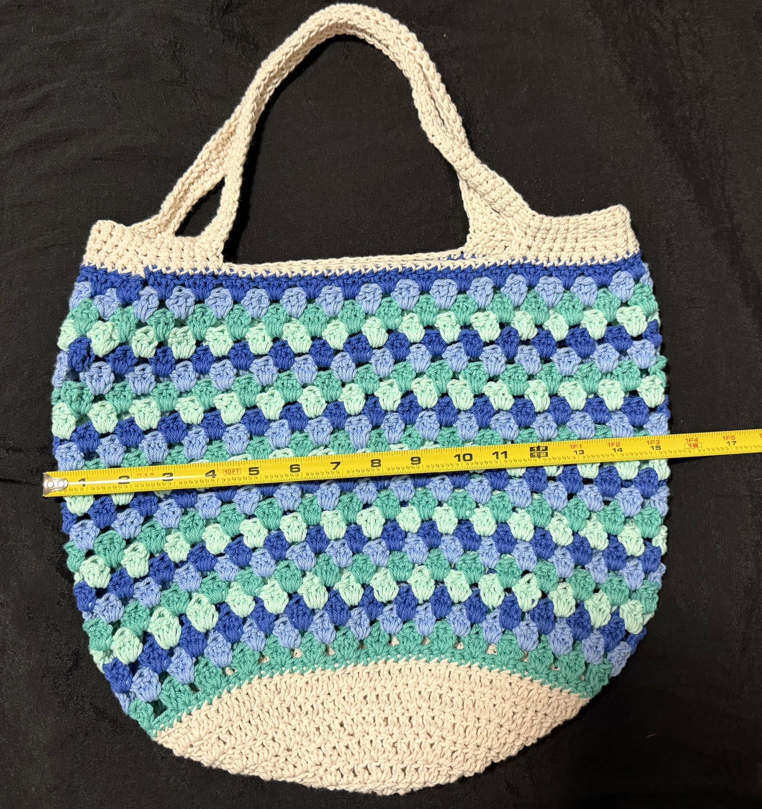 Hand Crocheted Tote Bag Purse Blue Green Granny Stitch Handmade Shoulder Market