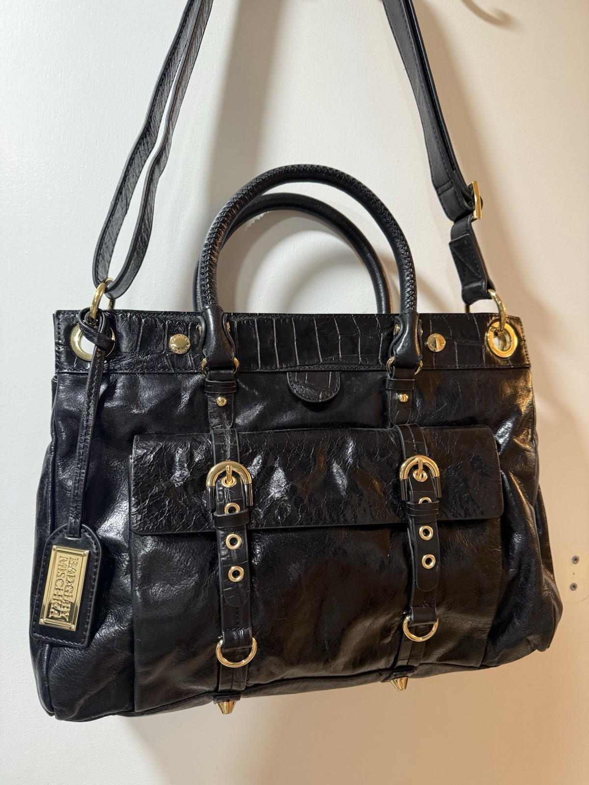 Badgley Mischka Black Satchel Top Handle Bag Zip Gold Hardware Pockets