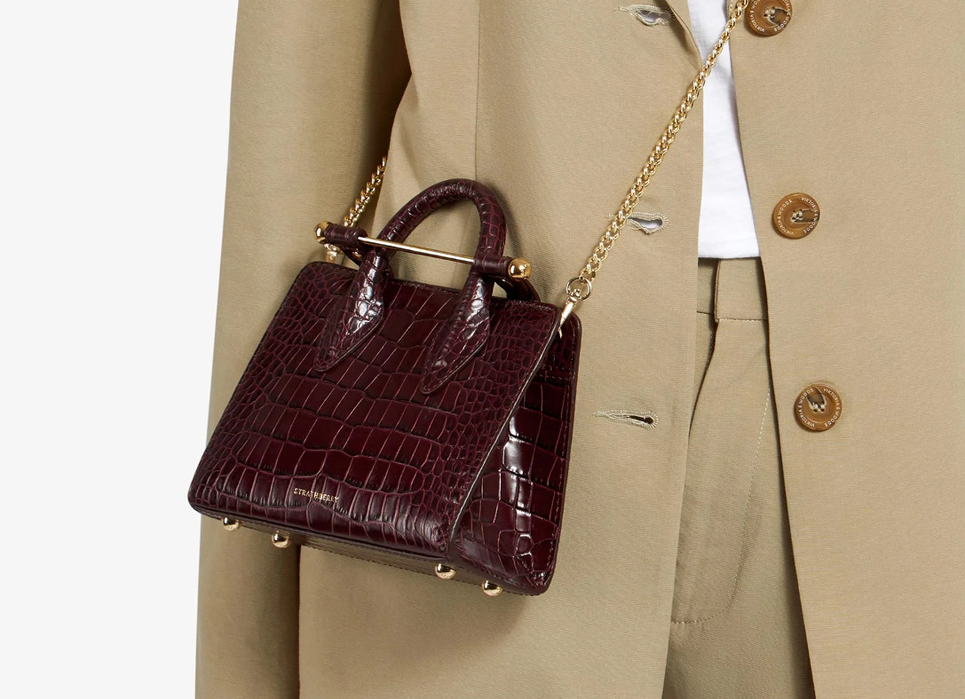 Strathberry Nano Croc-Embossed Top Handle Leather Tote in Burgunday MSRP$536