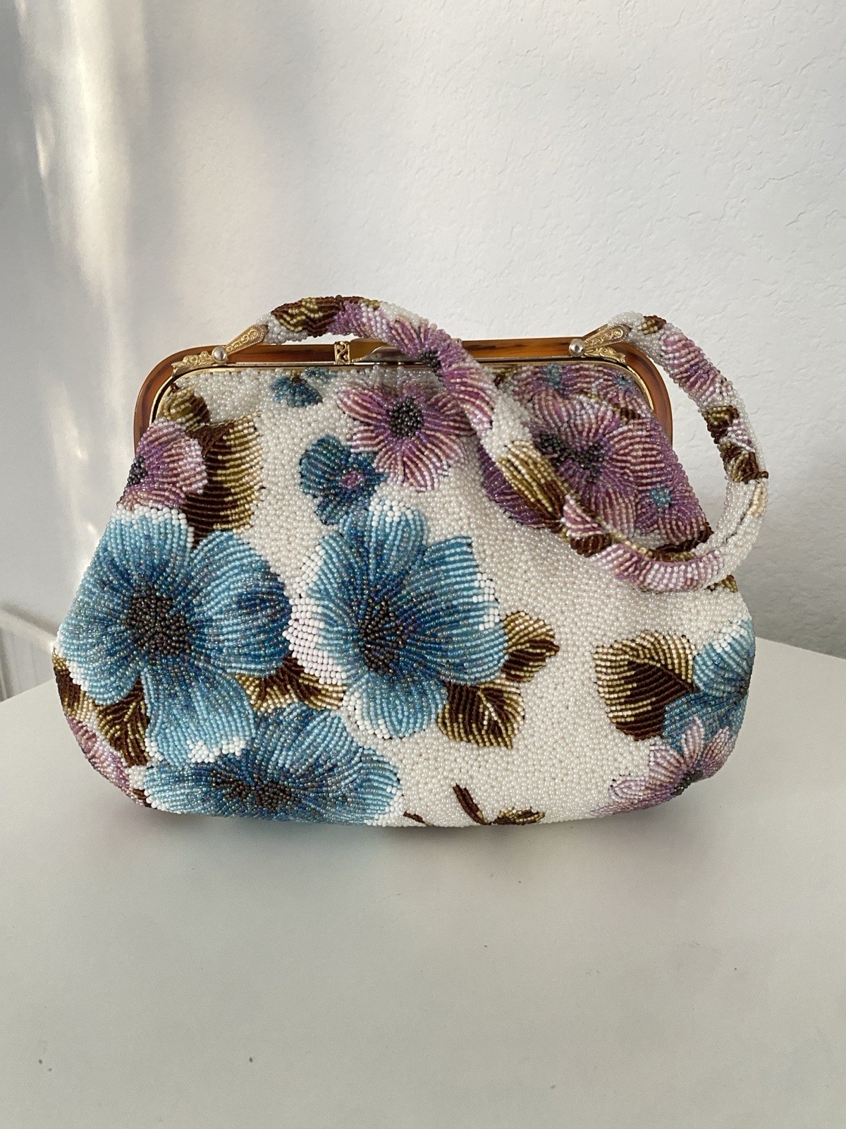 Vintage Hand-Beaded Floral Evening Bag – Satin Lining – Multi-Color Glass Beads