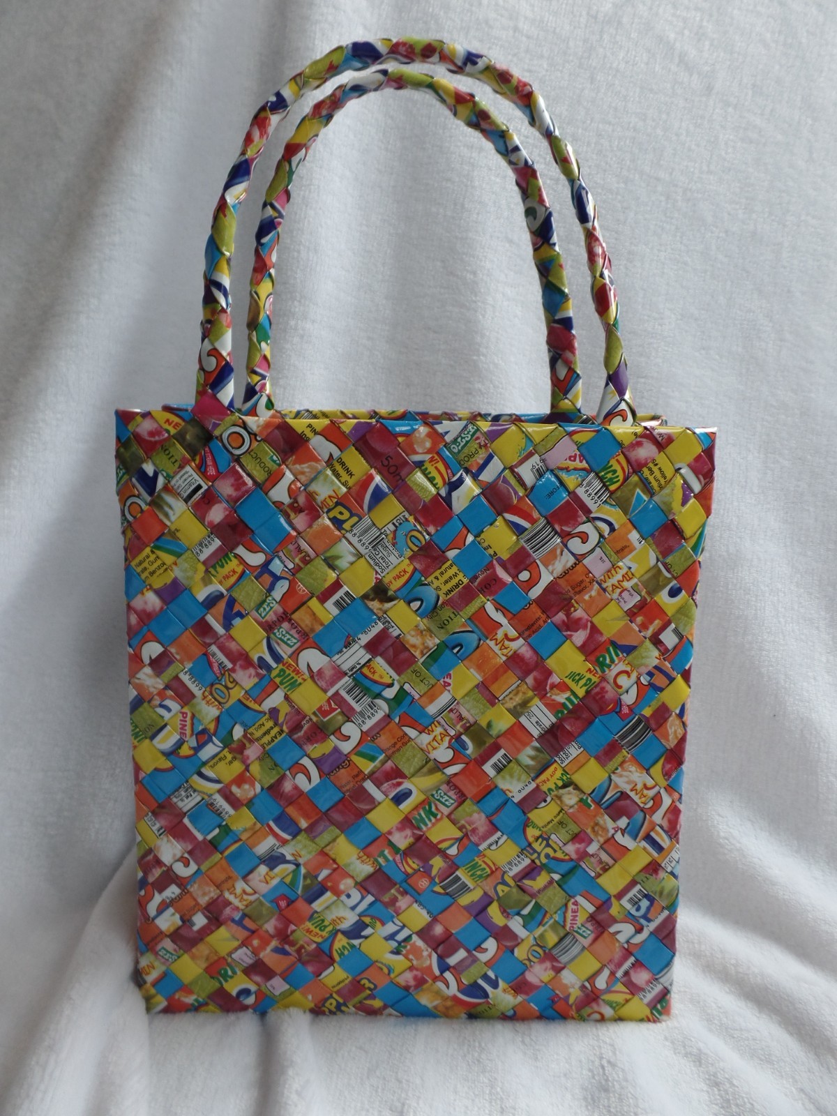 Handmade Recycled Wrapper Woven Tote Bag, Multicolor, Eco-Friendly