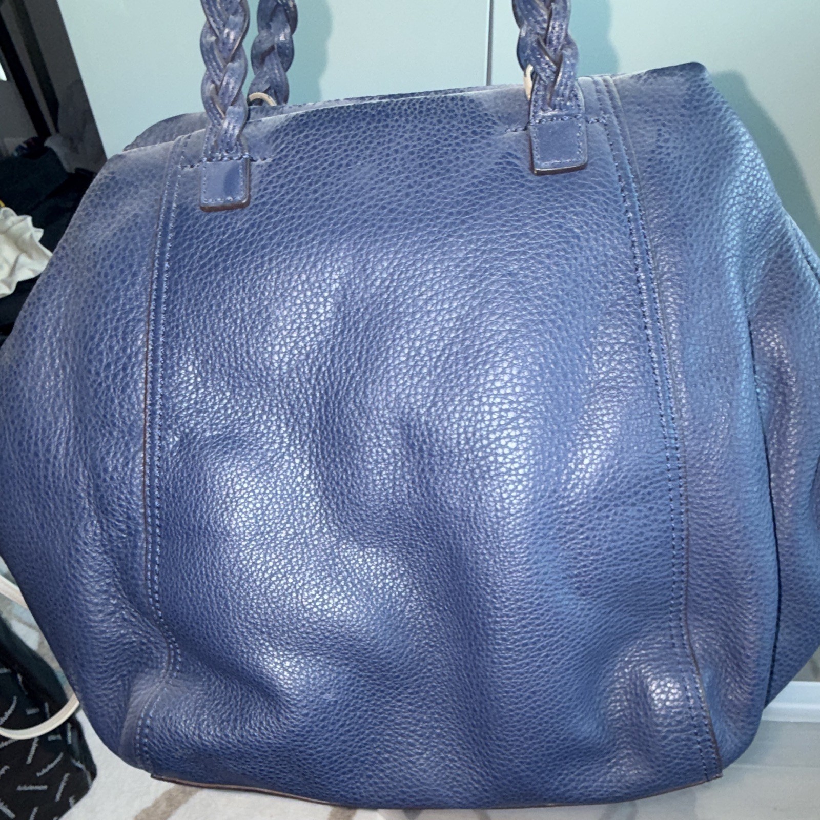 Tory Burch Blue Pebbled Satchel Top Handle Bag Double Handles Zip Closure