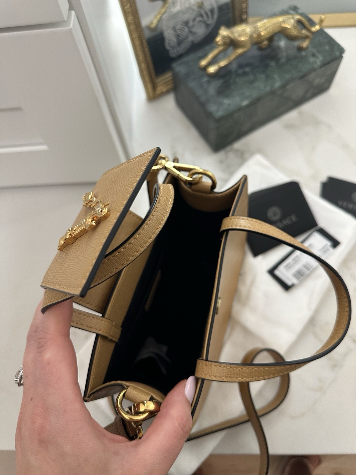 Versace Virtus Top Handle Mini Tote Crossbody Bag Caramel Saffiano Leather