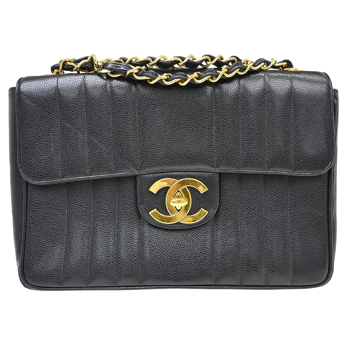 Chanel Black Calfskin Jumbo Vertical Stitch Classic Flap Bag NQ09469