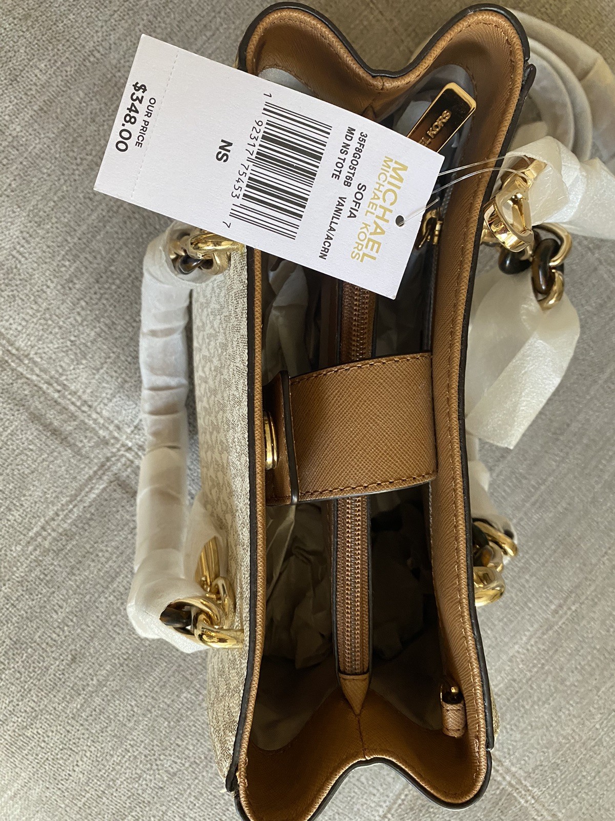 Michael Kors Sofia Leather Medium Tote Bag Vanilla Ivory Brown MK Logo Gold New