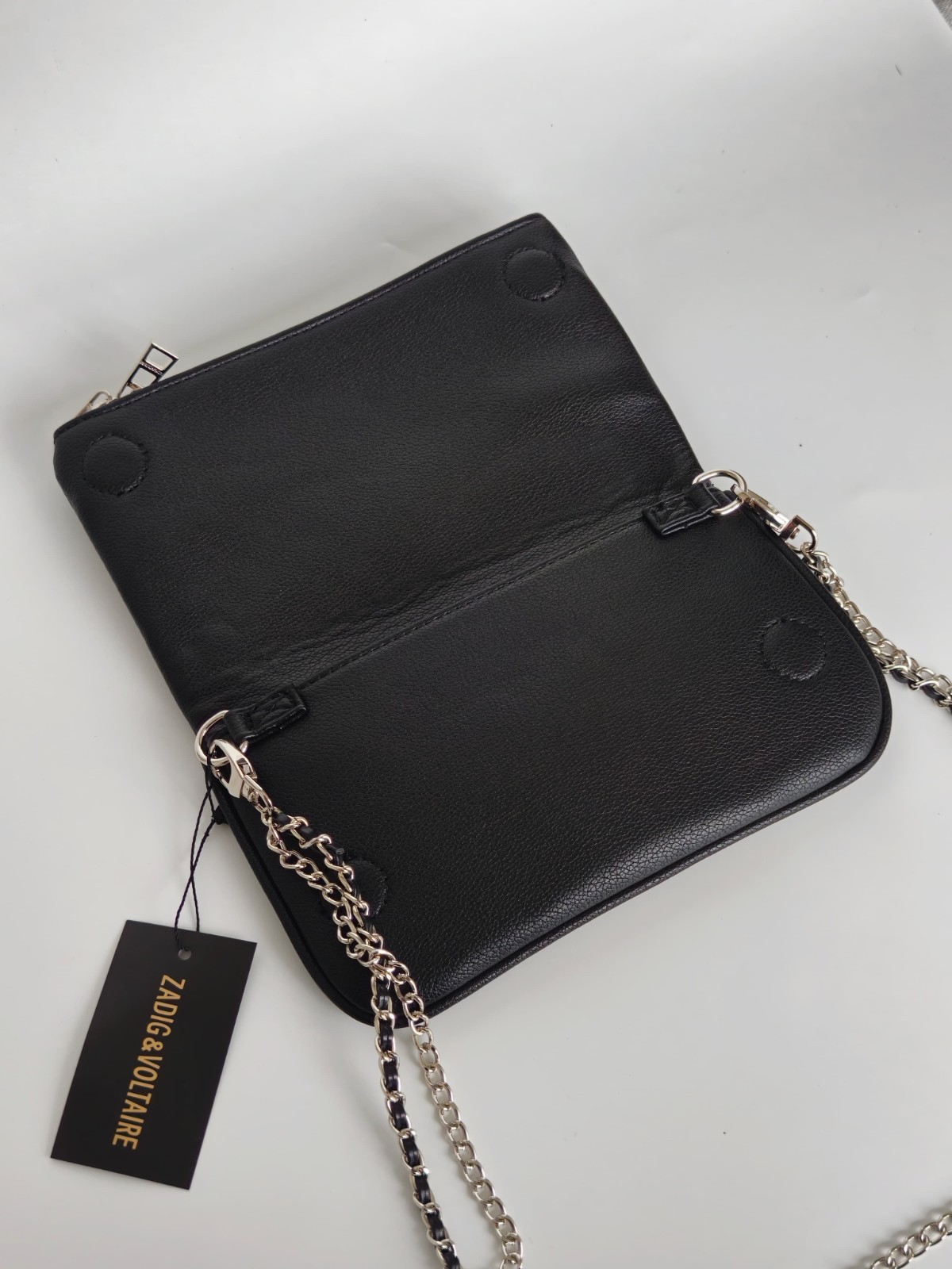 Zadig & Voltaire Rock Wing Black Silver Pebbled Leather Shoulder Bag 21×13×3cm