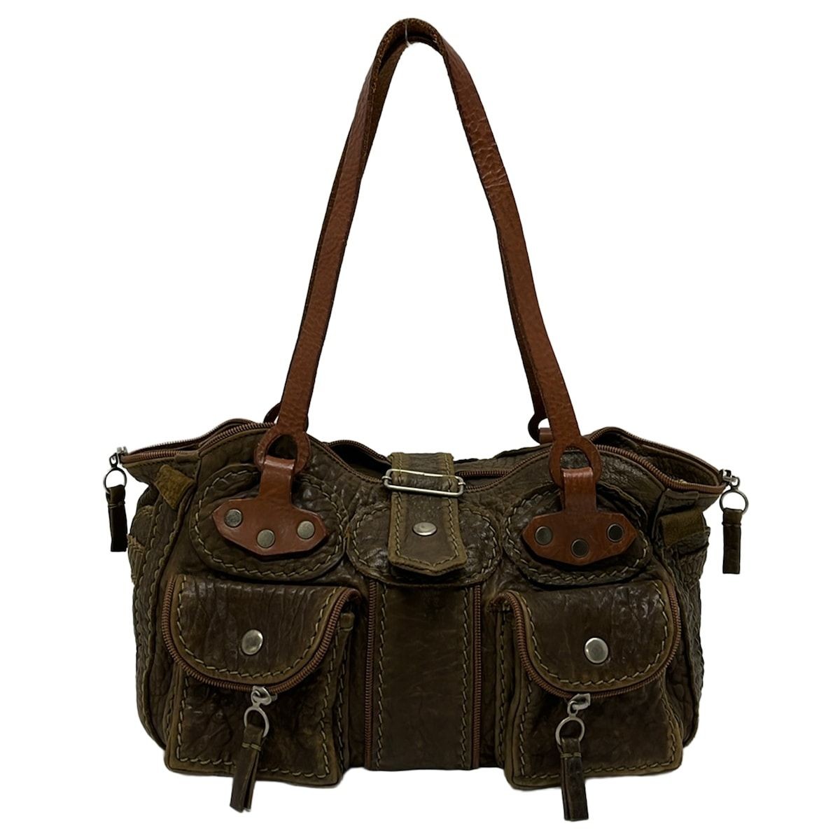 Jamin Puech Handbag Leather Khaki 6.30 x 9.65 inch w/ Storage Bag Japan Used