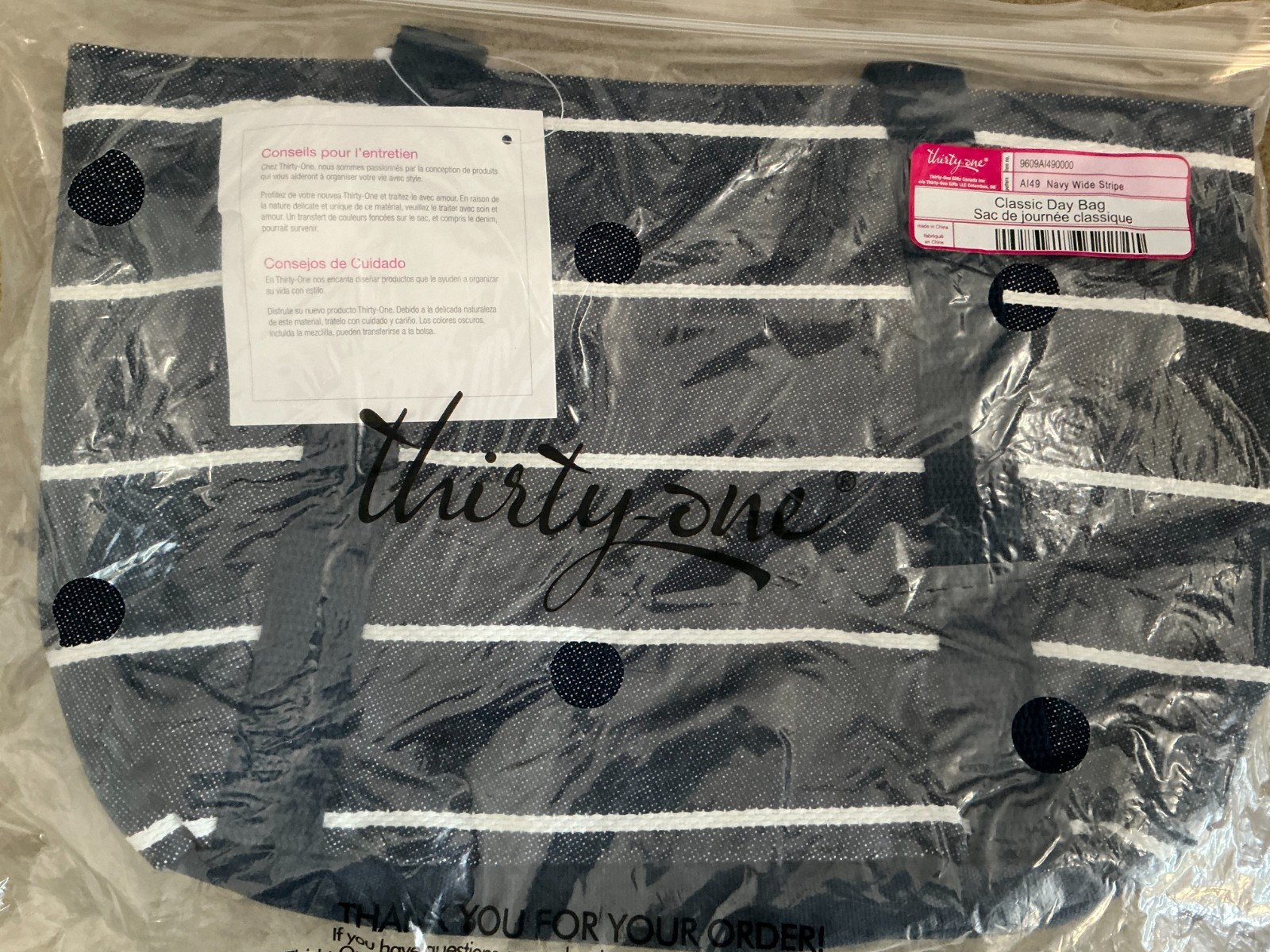 Thirty One Classic Day Bag in Navy Wide Stripe