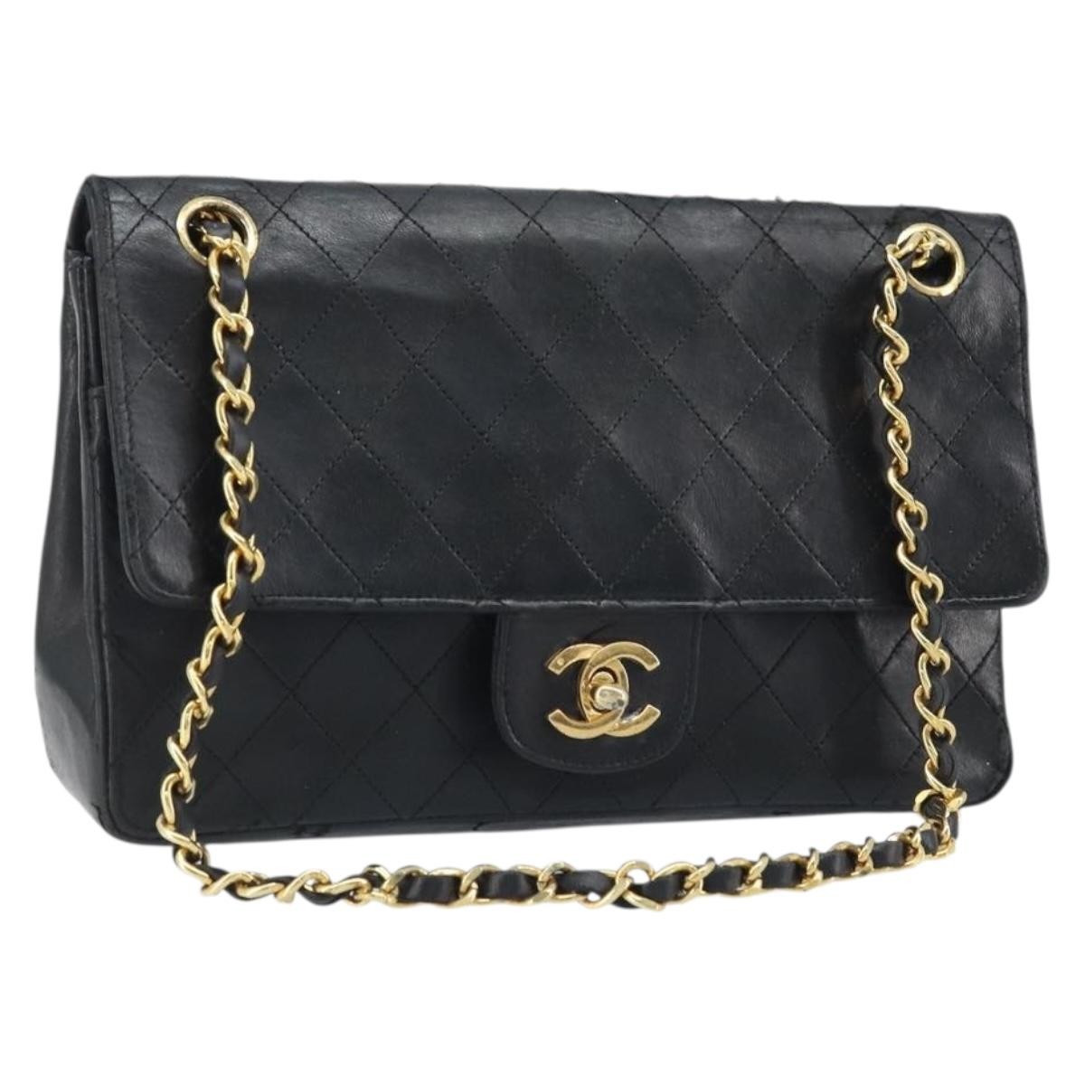 CHANEL Matelasse 25 Double Flap Chain Bag Lamb Skin Gold Black CC Auth bs34164