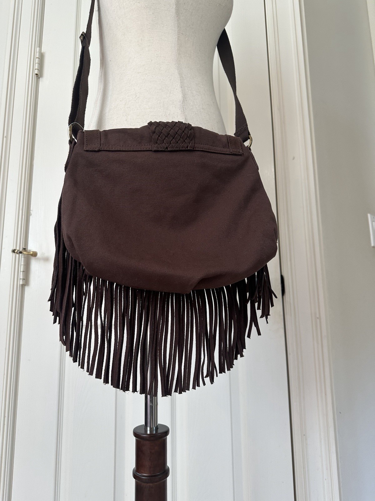 Y2K American Eagle Outfitters 2012 Leather Fringe Crossbody Purse Bag Brown Boho