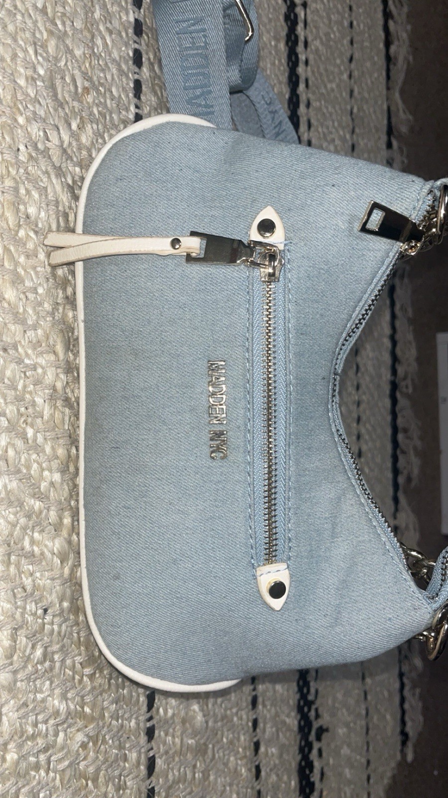 MADDEN NYC Light Blue Crescent Crossbody Bag Chain Strap Zip w Matching Pouch