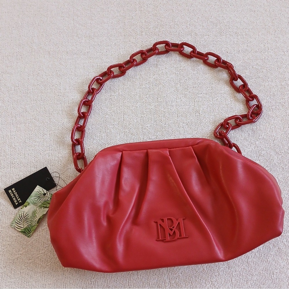 badgley mischka wrapped frame clutch link chain strap red vegan faux leather