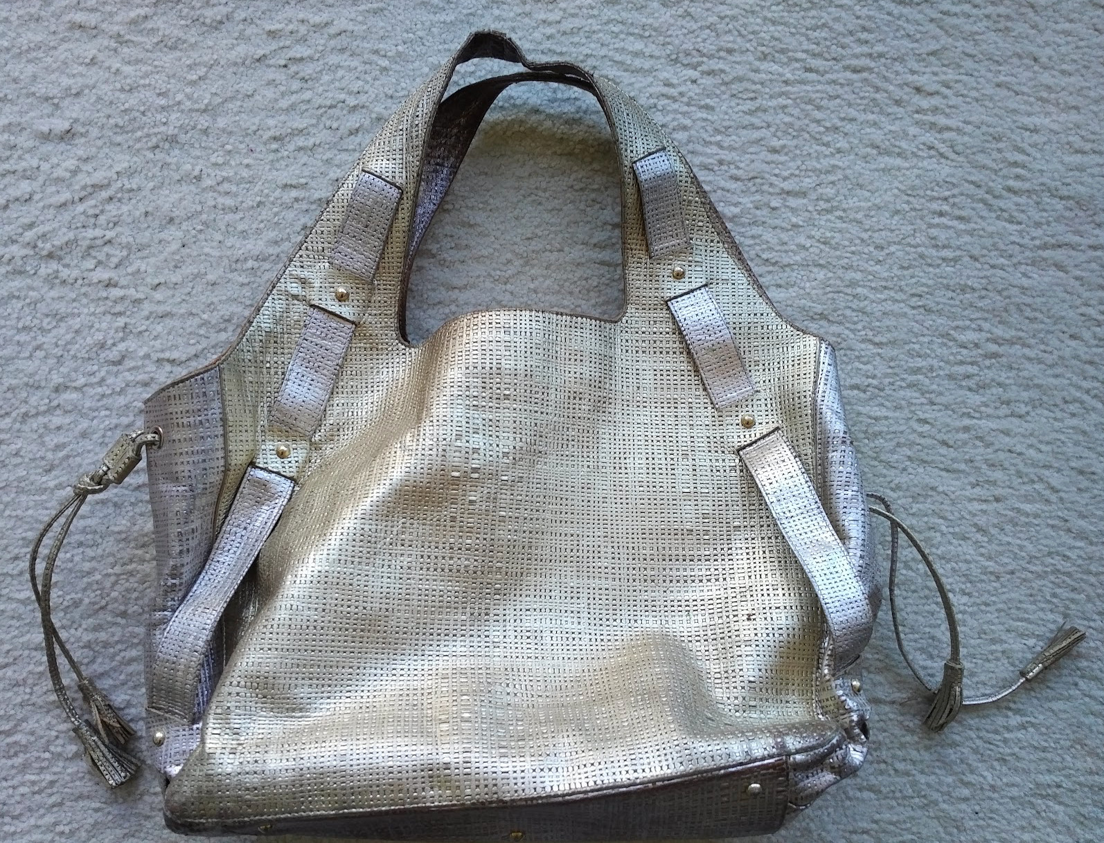 BIG bag Giorgio Armani leather gold-tones large tassels woven look worn–READ