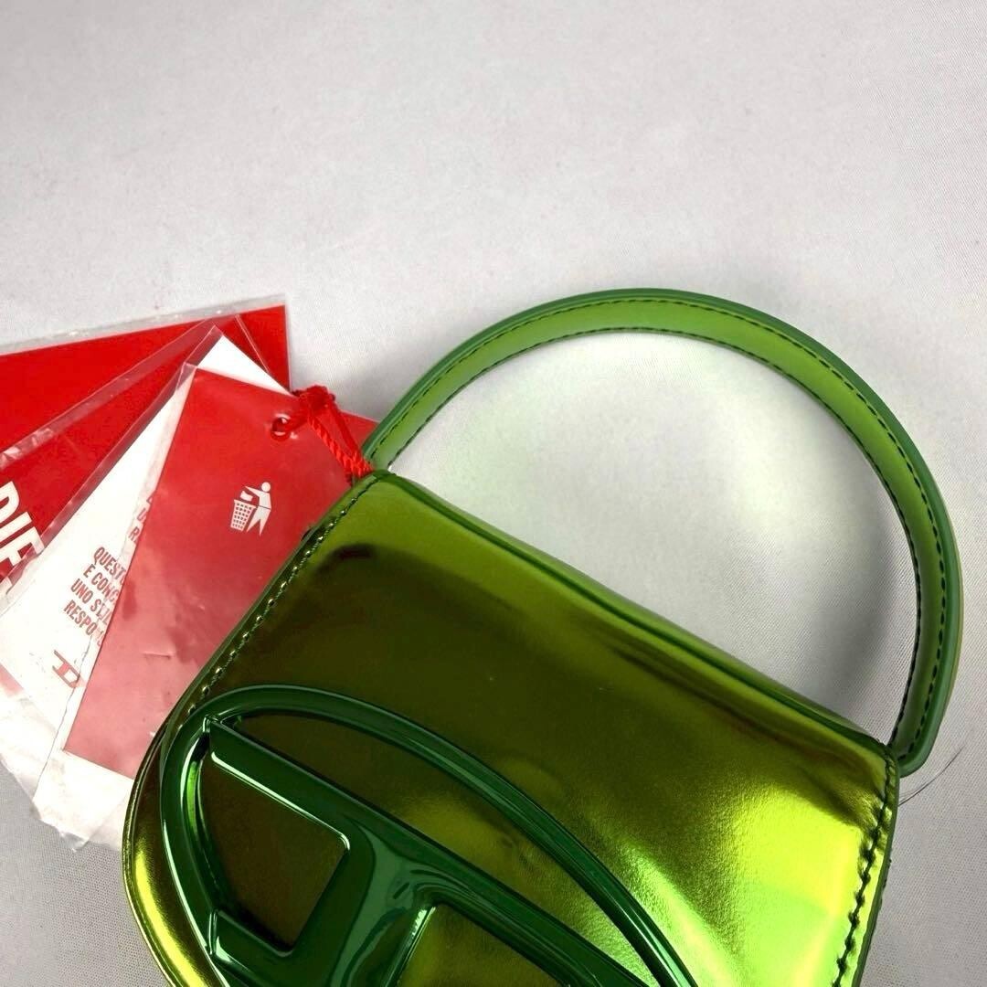 DIESEL 1DR Mini 2WAY Shoulder Bag Metallic Green Cow Leather Top Handle Auth