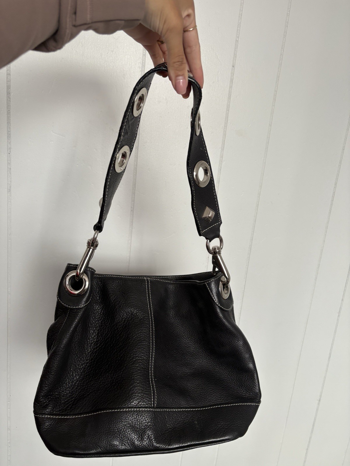 Vintage Black Pebbled Leather Shoulder Bag Purse Silver Hardware Strap