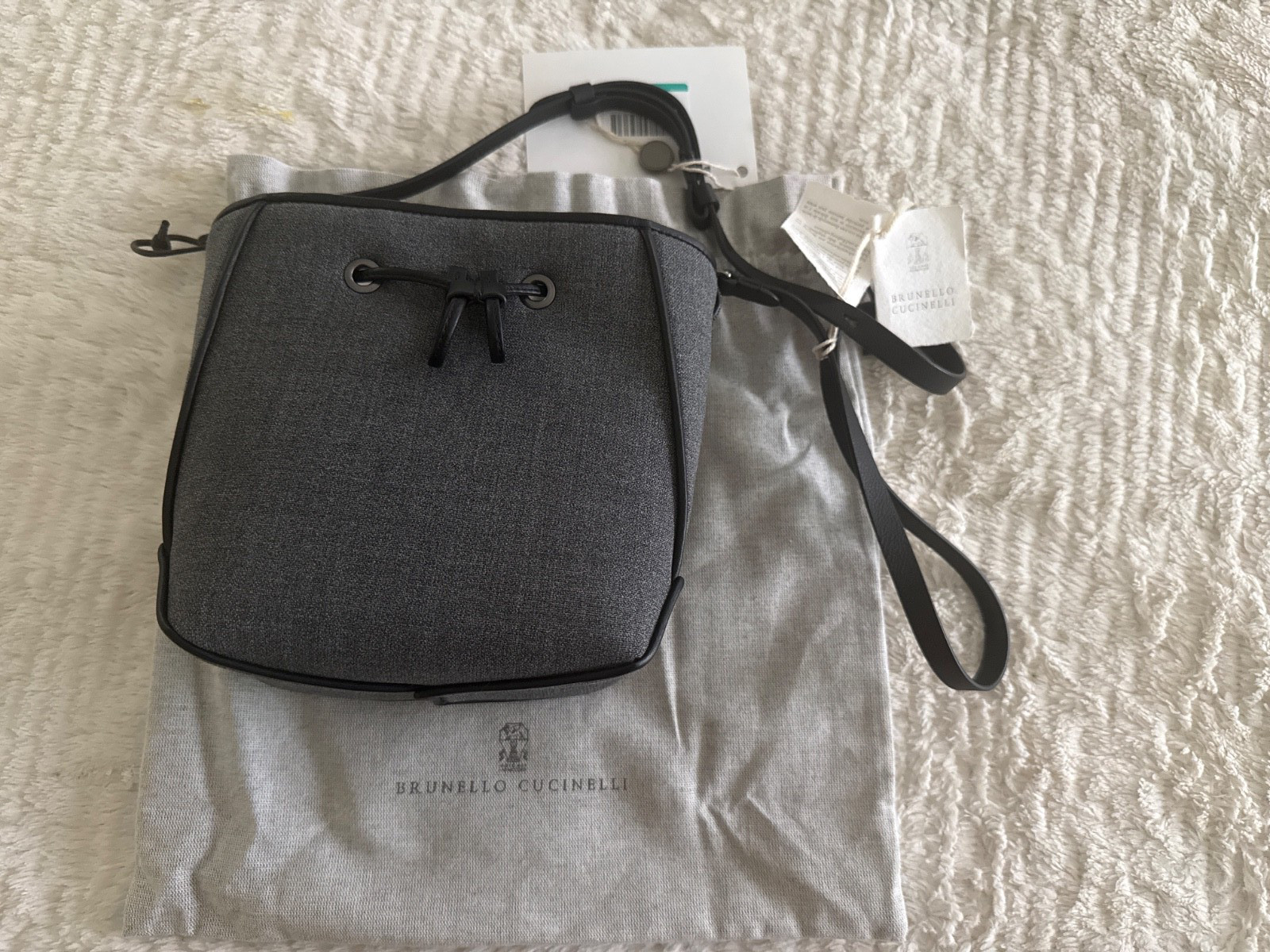 NWT $2350 BRUNELLO CUCINELLI Bucket Bag Small Grey Virgin Wool Canvas, Monili