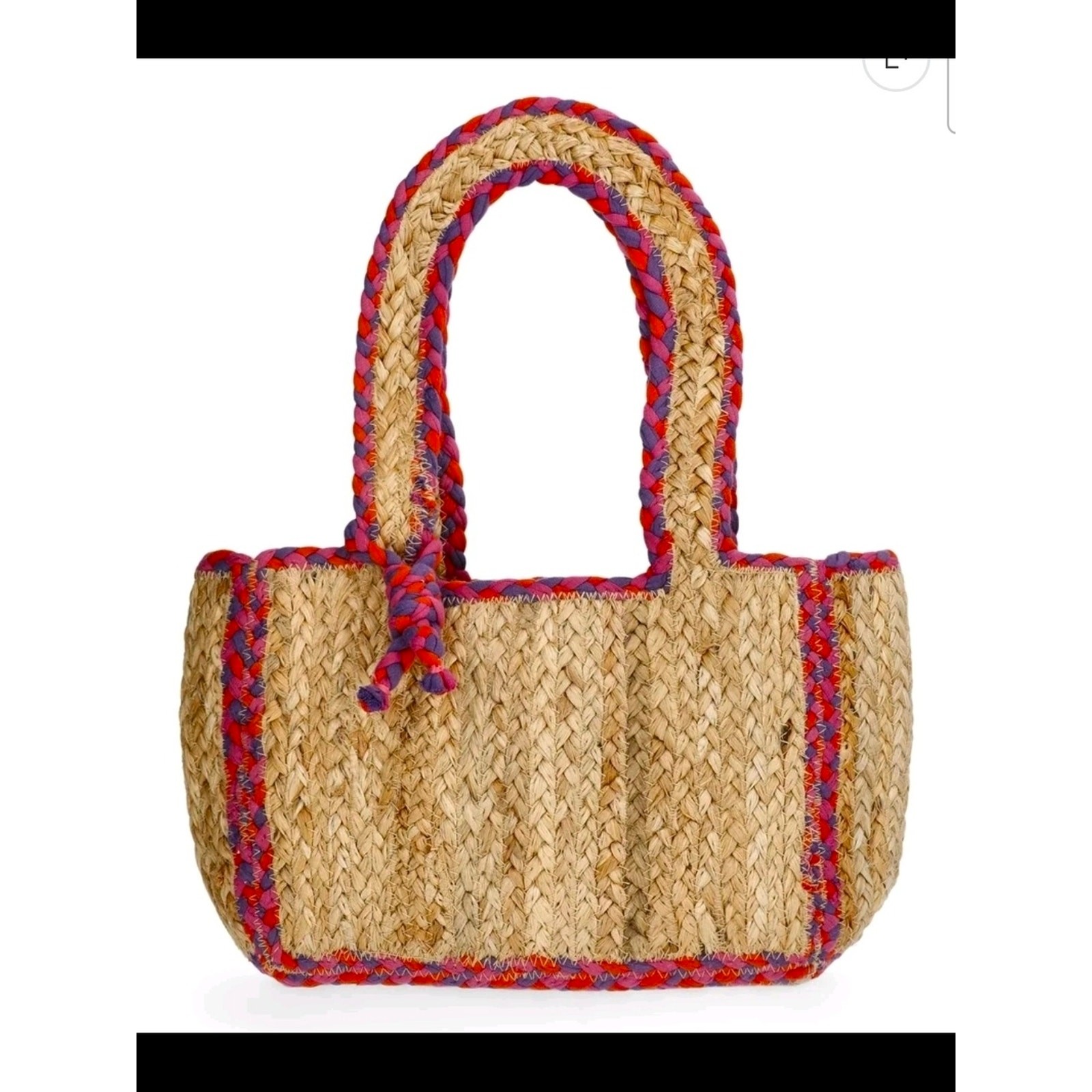Jute Bag with Pink Orange and Purple Knit Accents and Handles Beach Bag Tote