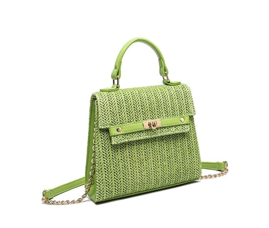 LIKE DREAMS Neo Stella straw leather trim small crossbody bag – Lime green