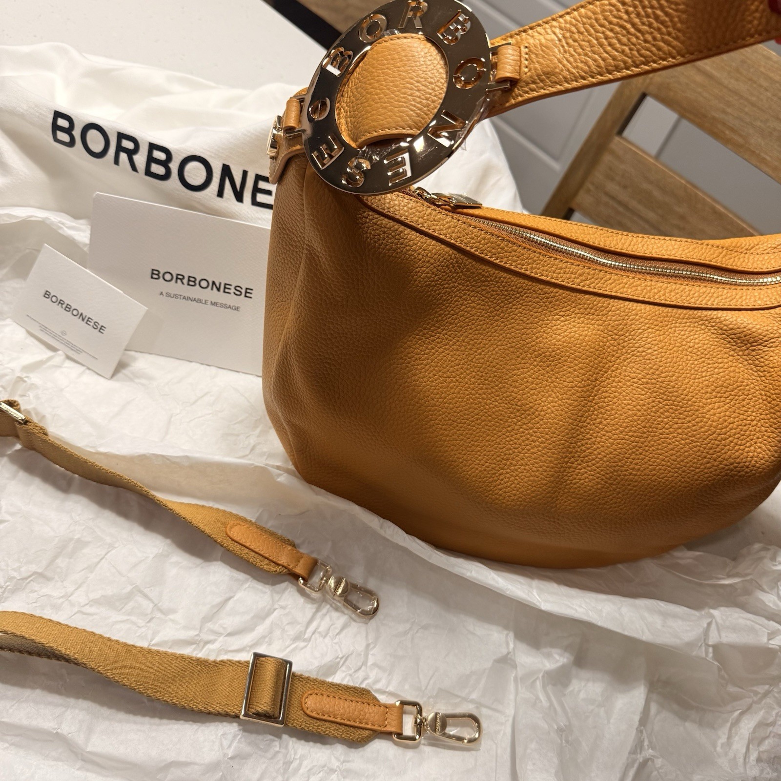 NEW Borbonese – Medium Luna Bag Yellow Leather AUTHENTIC NWT