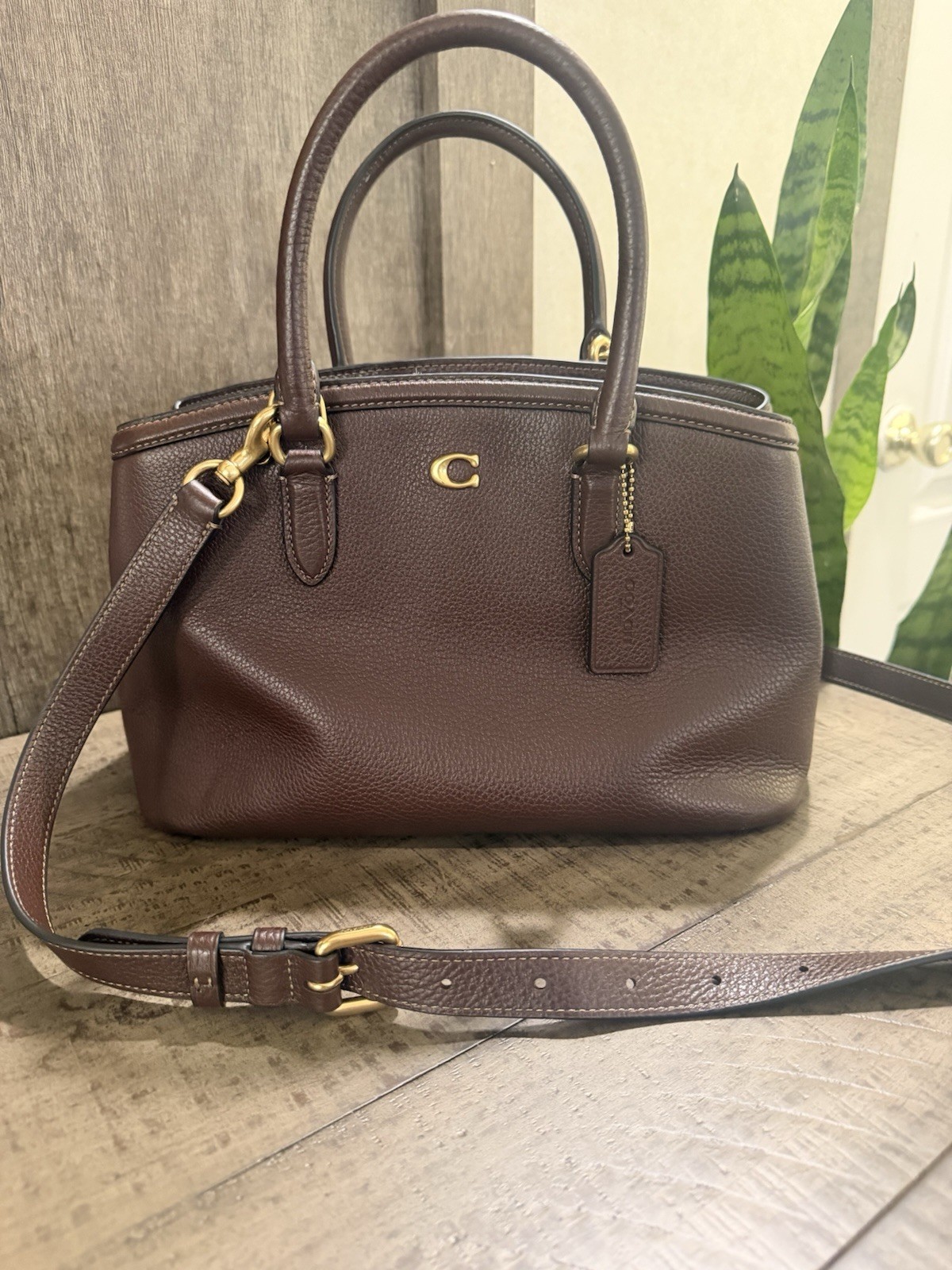 Coach Brown Pebbled Medium Satchel Top Handle Zip Detachable Strap Gold HW