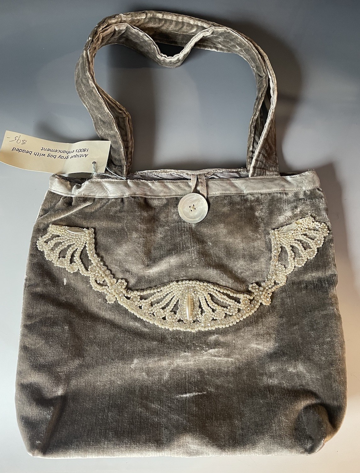 Vintage Artisan Made Beaded Gray Velvet Bag Tote Purse Victorian Nouveau Style