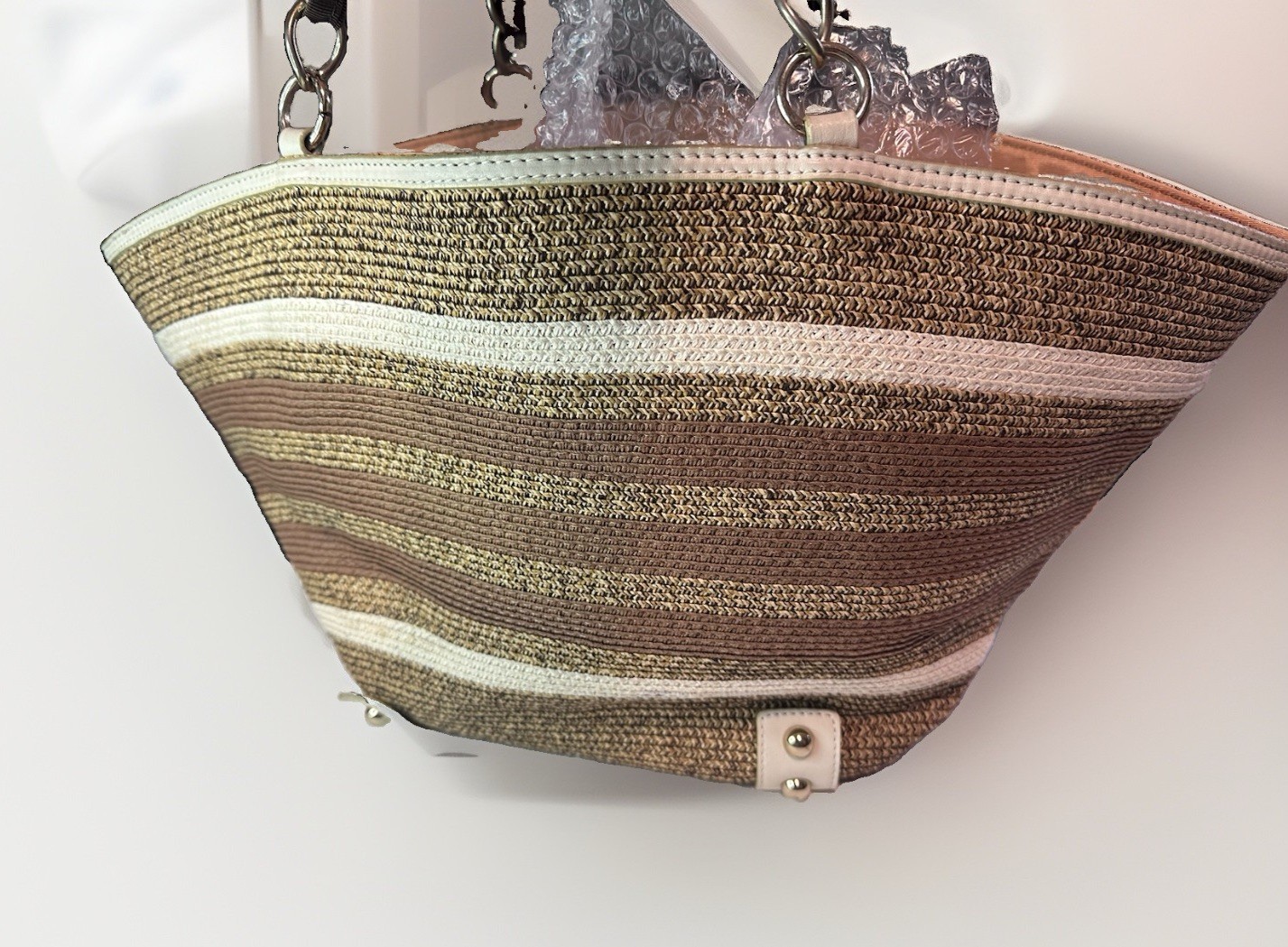 Burberry Blue Label Chain Tote Bag Straw Leather