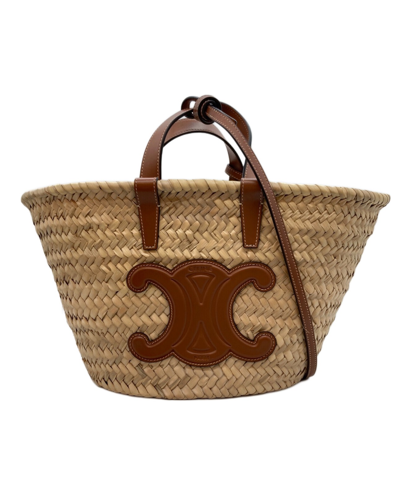 CELINE Teen Classic Panier Raffia Calfskin Beige Top Handle Bag Auth