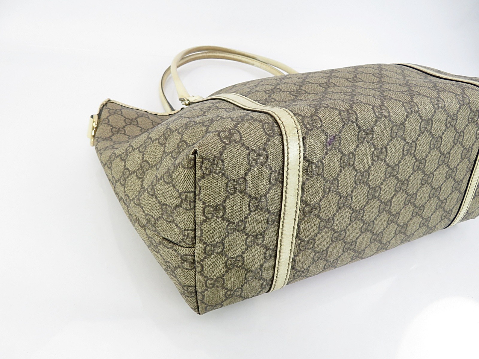 Auth GUCCI Joy Brown GG PVC Canvas and Off-White Leather Supreme Tote Bag #64223