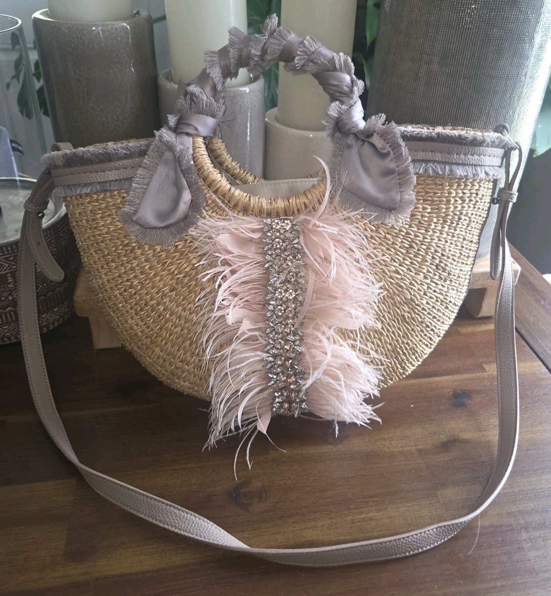 Sam Edelman Woven Straw Half Moon Shoulder Crossbody Bag Feather Rhinestone