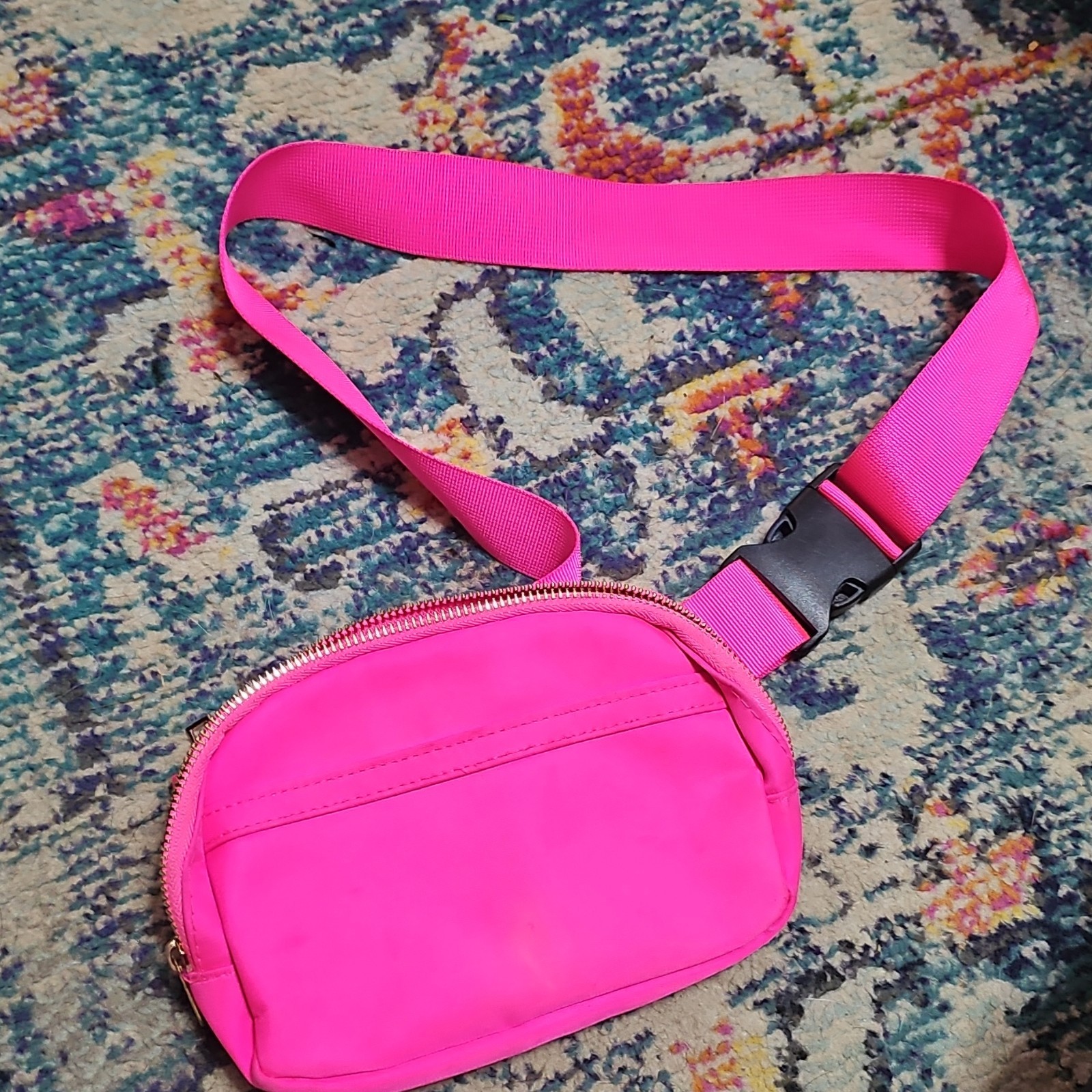 Pink Crossbody Belt Bag Adjustable Strap Zip Closure Zipper Accents Gold