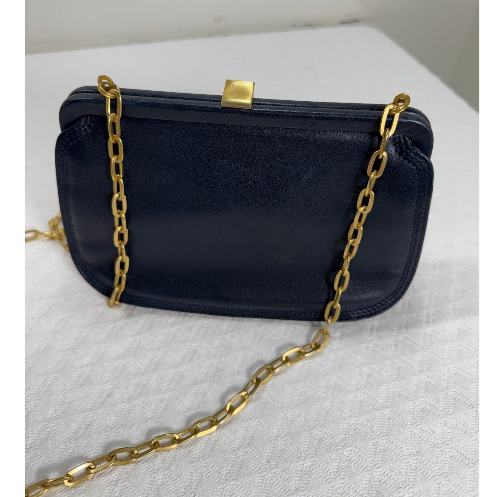 Liz Claiborne Vintage Navy Blue Leather Frame Crossbody Bag Gold Chain Strap