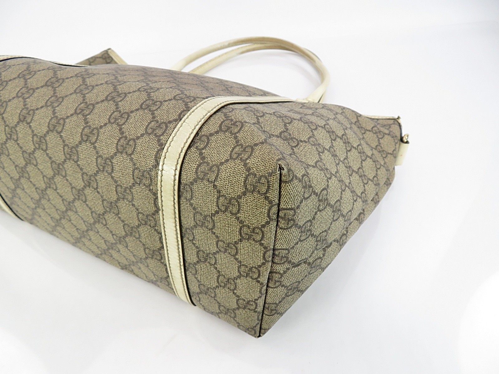 Auth GUCCI Joy Brown GG PVC Canvas and Off-White Leather Supreme Tote Bag #64223