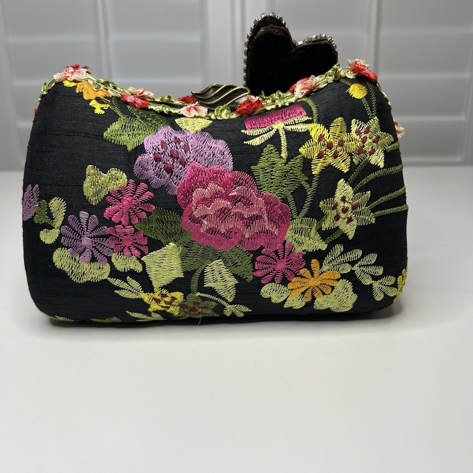 Mary Frances Butterfly Floral Beaded Embroidered Clutch Rhinestones, Chain Strap