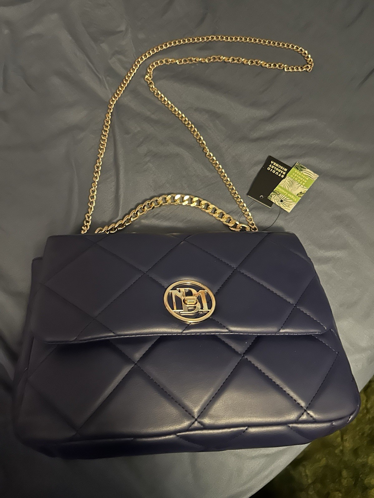 BADGLEY MISCHKA Quilted Navy Blue Letter Lock Bag with Chain Handle & Strap NWT