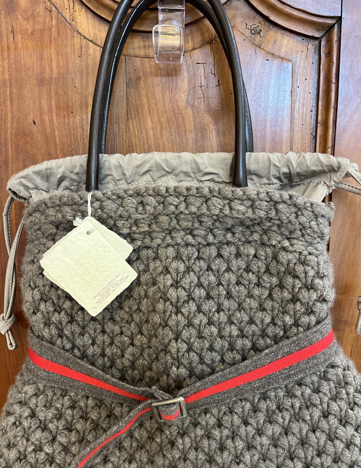 Brunello Cucinelli Cashmere Knitted Purse Leather Handles Drawstring Closure