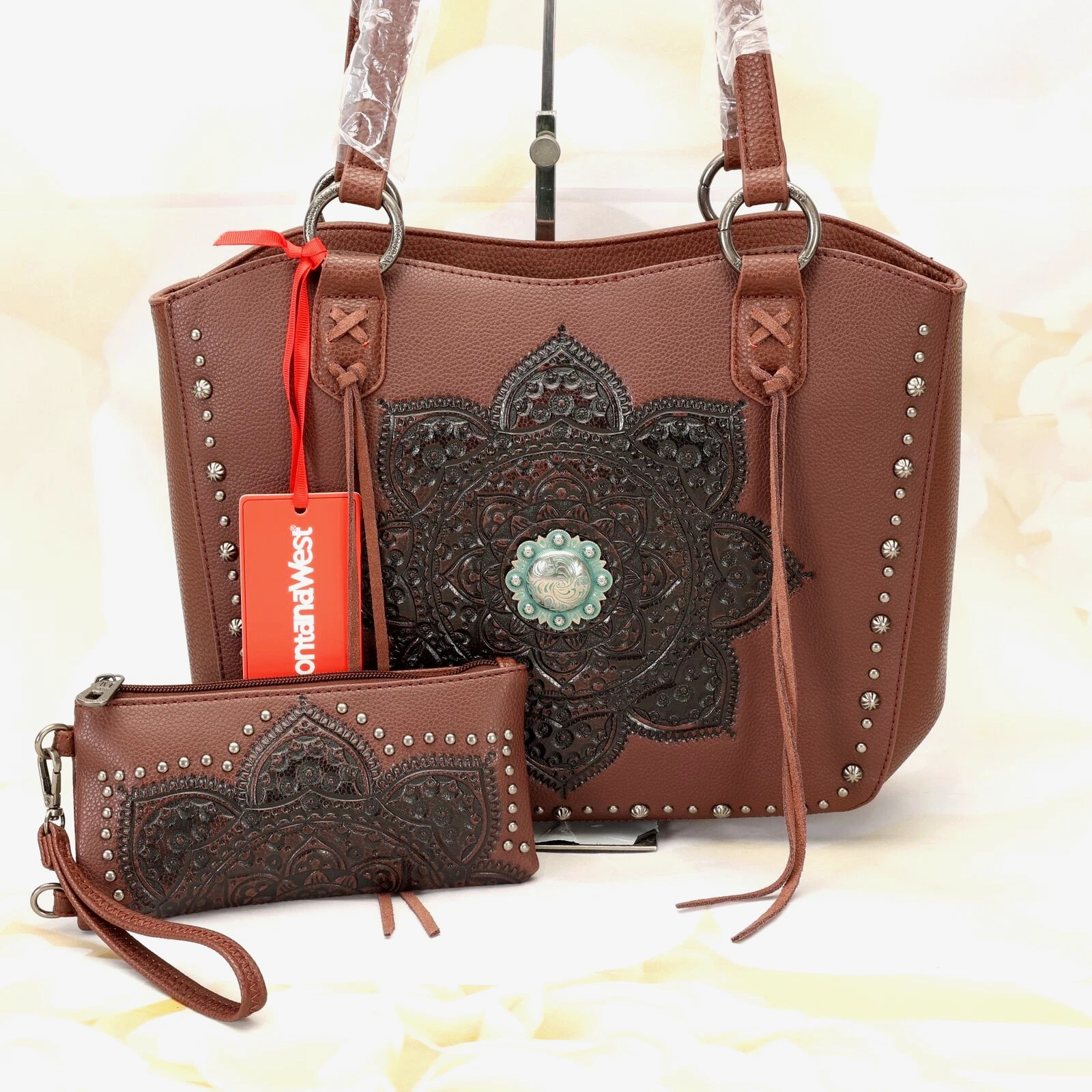 Montana West Womens Shoulder Tote Handbag Purse Med-Large Brown Leather W/Wallet
