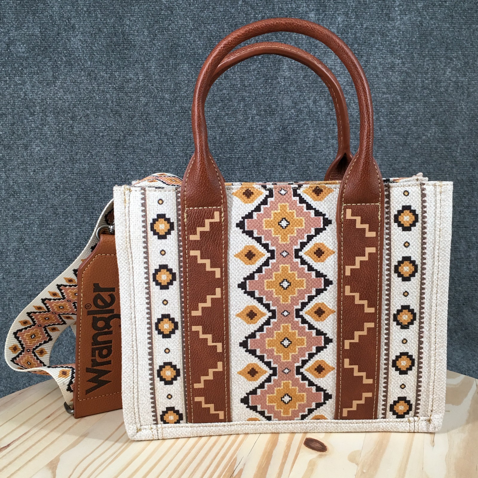 Wrangler Southwestern Print Small Canvas Tote Brown Beige Aztec Small Crossbody