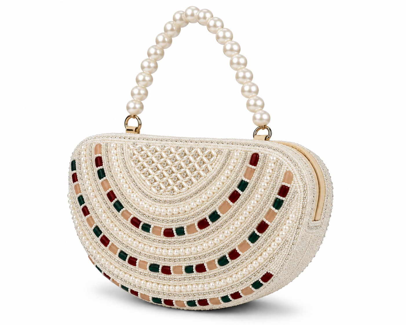Luxury Pearl Beaded Half Moon Evening Clutch Bag Wedding Party Bridal Handbag