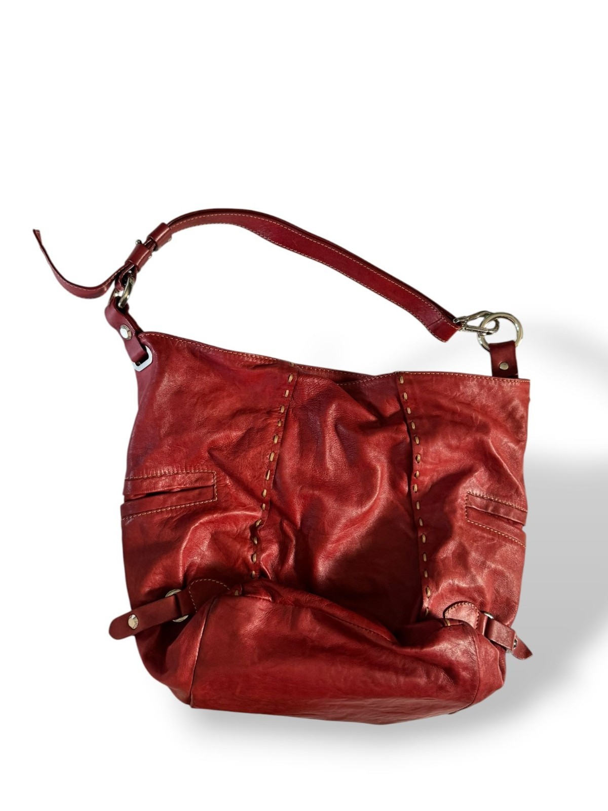Nicoli Red Leather Shoulder Bag Adjustable Strap Soft Stitch Detail