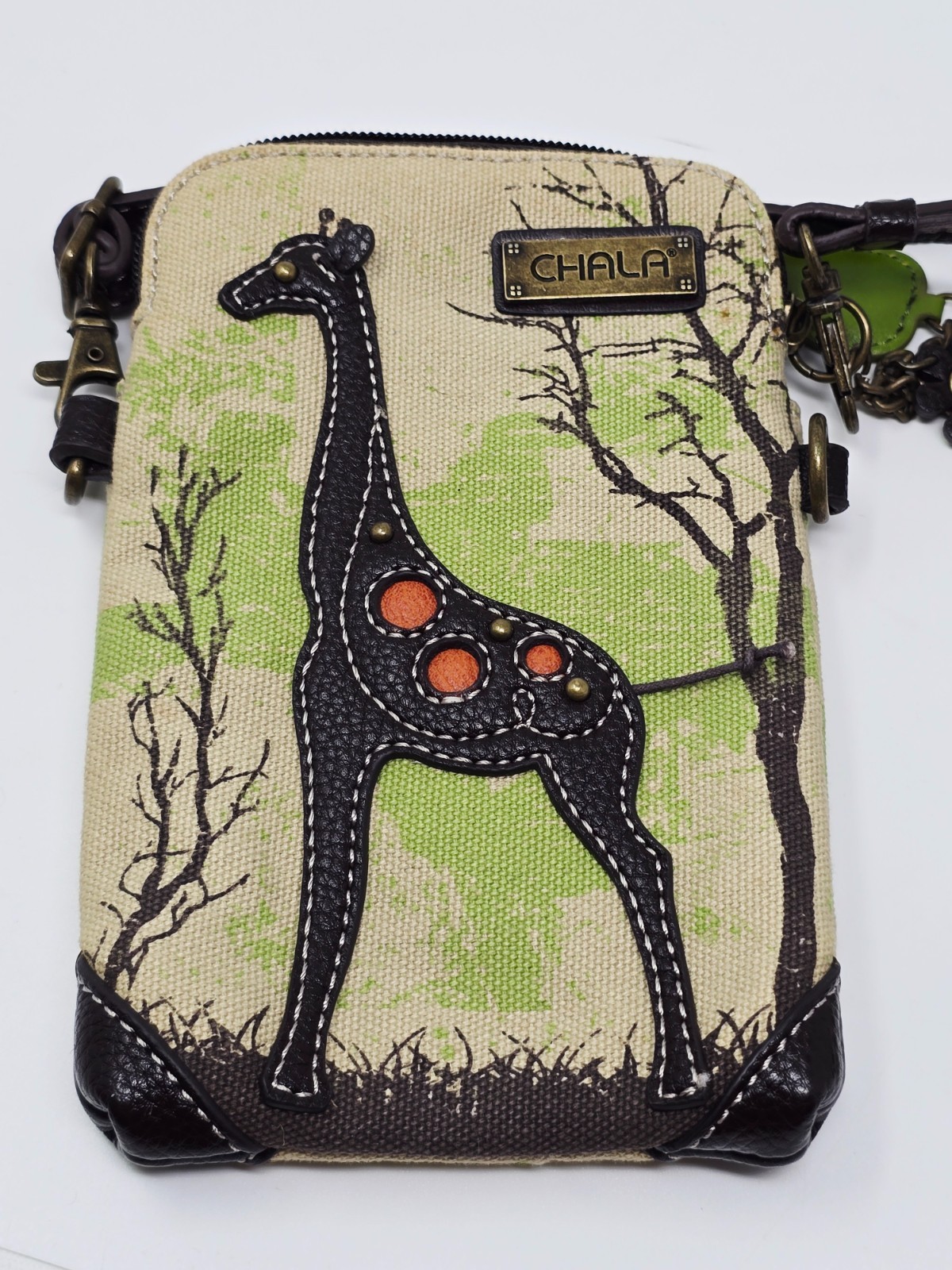 Chala Crossbody Cellphone Bag Giraffe Appliqué Canvas 7 1/4 x 4 3/4 Mint