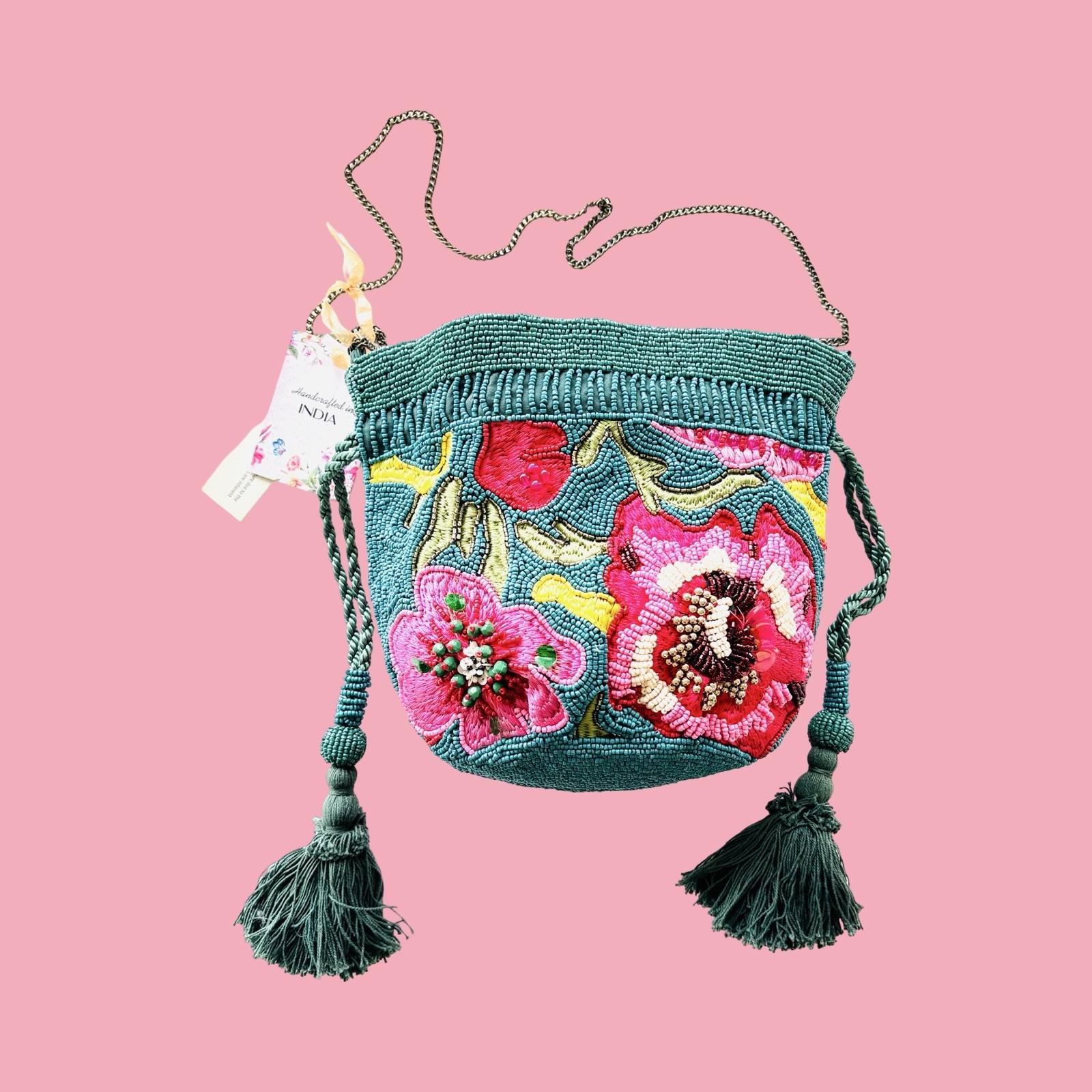 TikTok Viral India Beaded Bucket Bag Floral Embroidered Tassels Teal Crossbody
