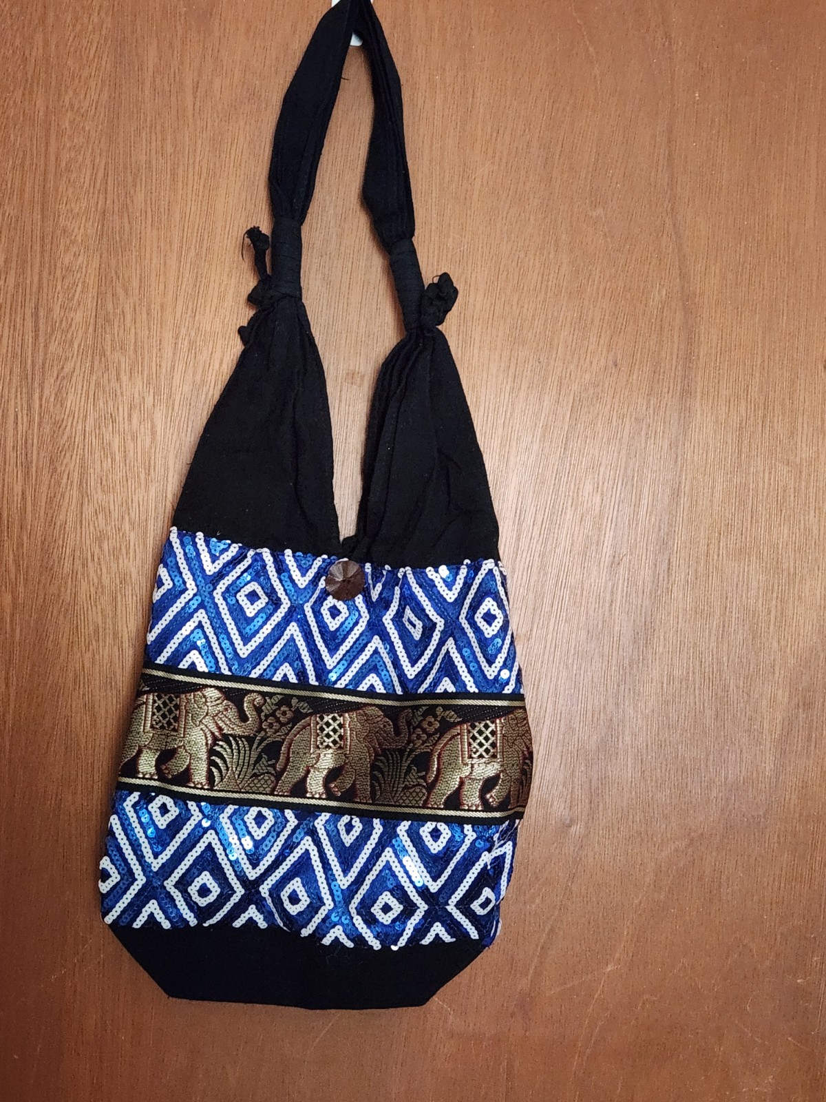 Blue White Geometric Women’s Shoulder Bag Black Shoulder Strap Button Closure