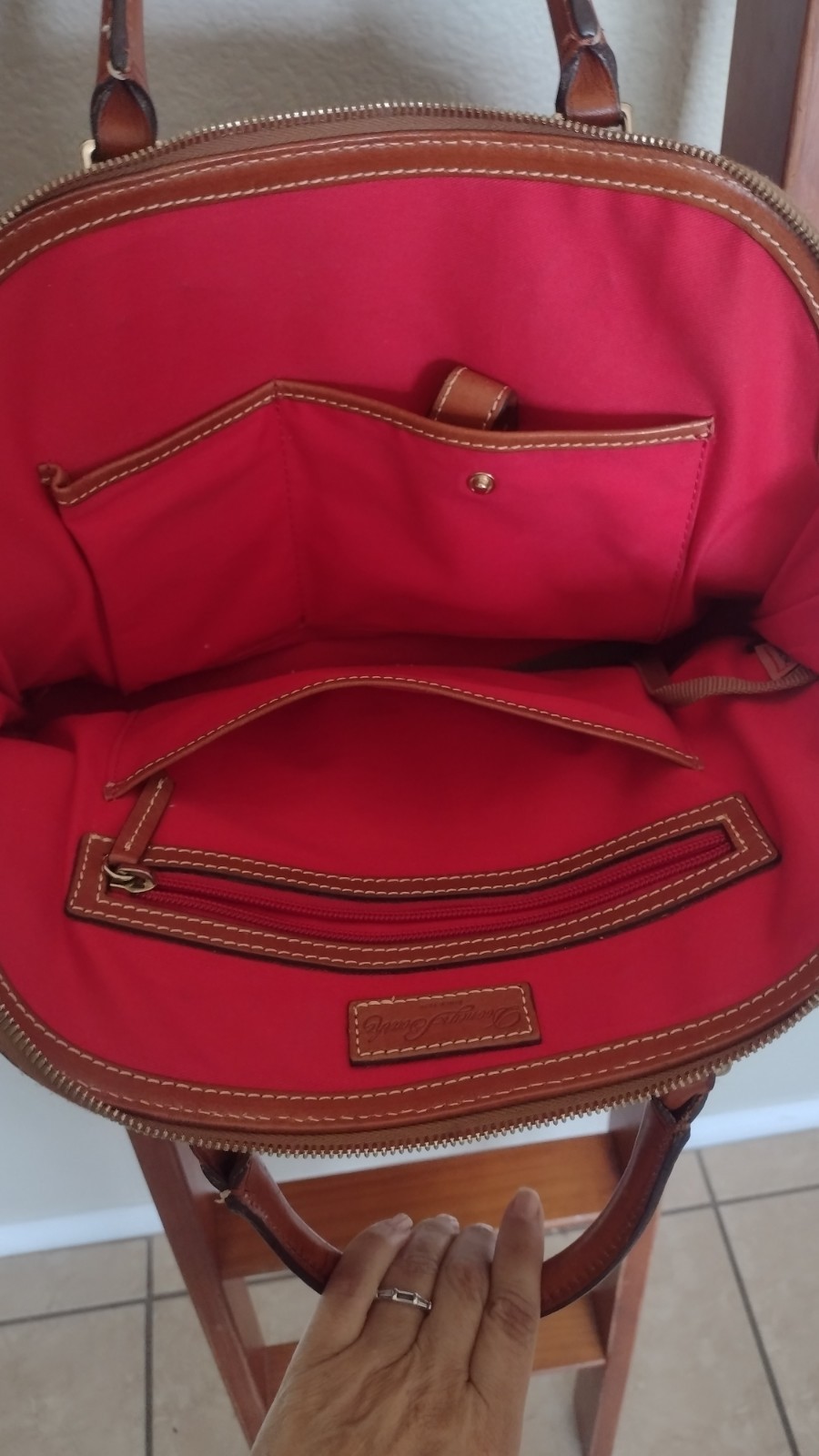 Dooney & Bourke Brown Pebbled Dome Satchel Zip Red Lined Gold Detachable Strap
