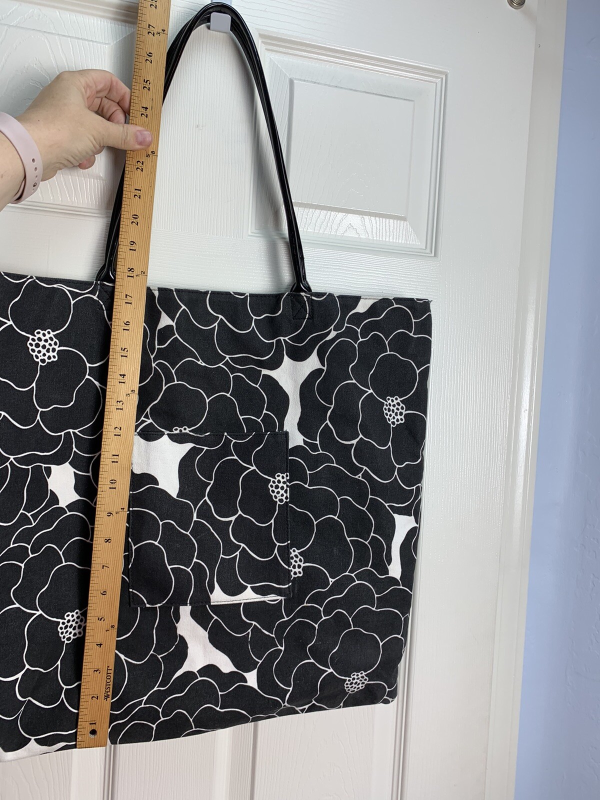 Black & White Floral & Chevron inner & outer pocket Reversible Canvas Tote
