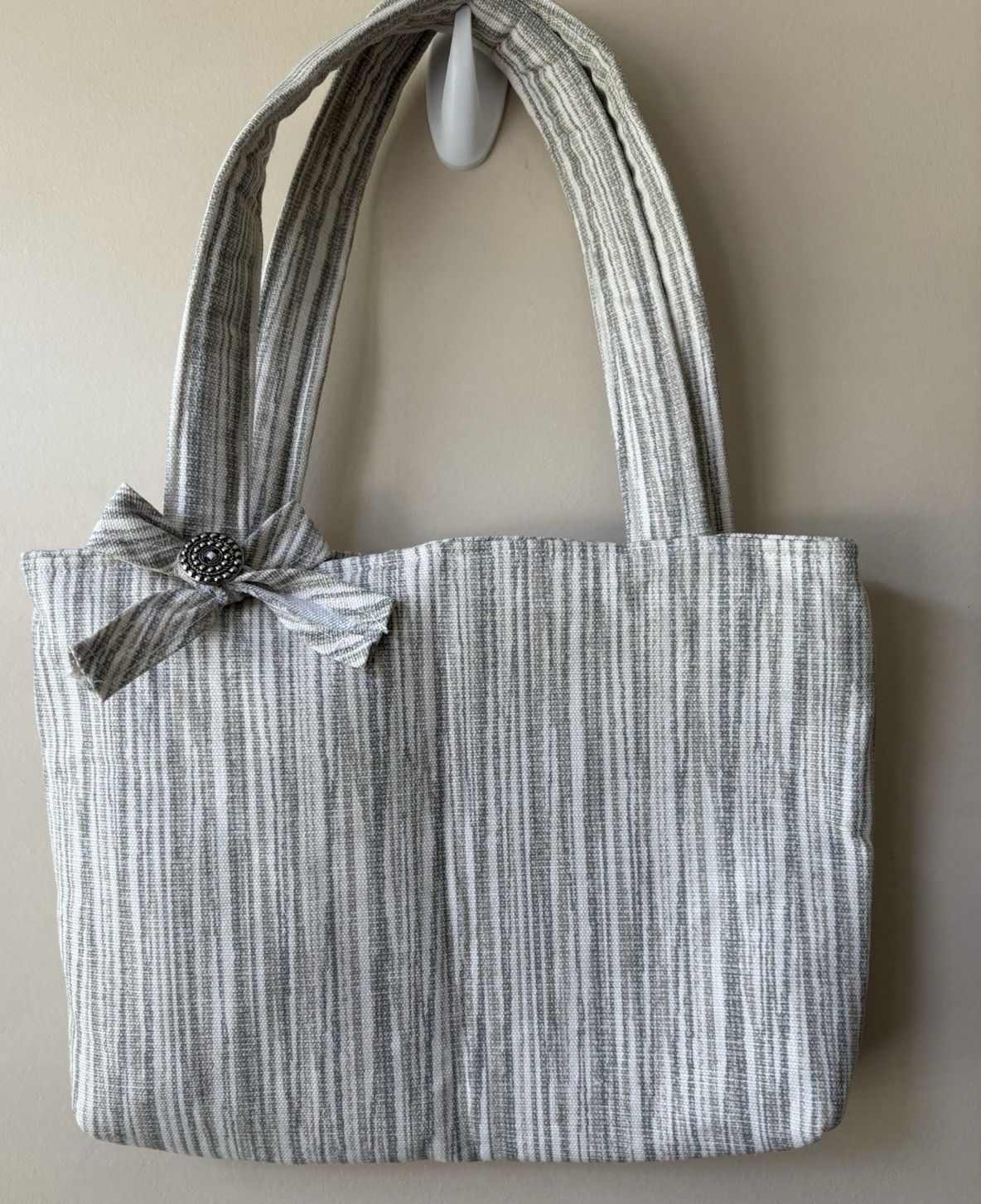 Hand-made OOAK Women’s Small Striped Canvas Tote Bag Button Bow Accent Preppy