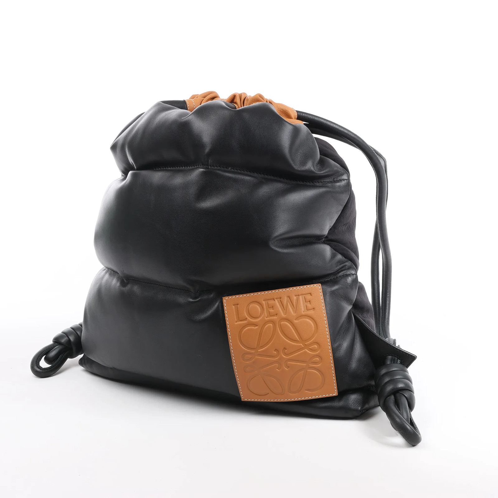 LOEWE Puffy Yago Leather x Nylon Backpack in Black x Brown