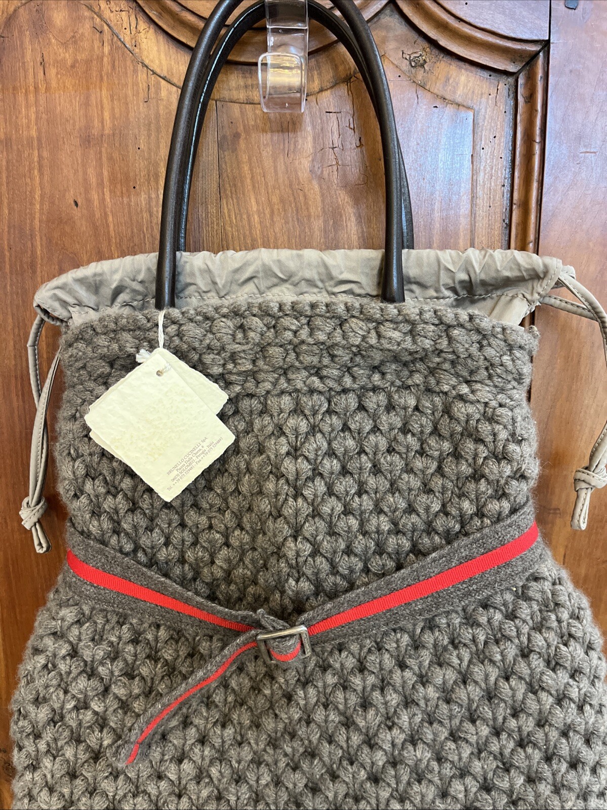 Brunello Cucinelli Cashmere Knitted Purse Leather Handles Drawstring Closure